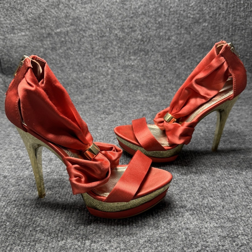Bakers Dream Platform Heels Womens 5 Coral Red Gold Satin Bow Stiletto 3153